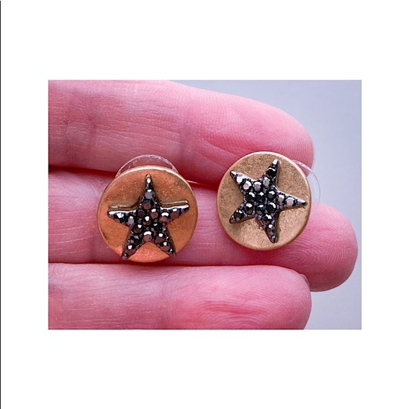 Earrings Star Round Disc Black Crystal Pave Golden - Picture 4 of 7